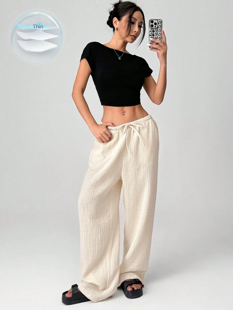 SHEIN EZwear 杏色编织系带休闲长裤宽松裤女士春秋休闲抽绳口袋自然直筒长裤杏色宽松女裤休闲日常穿着 - 杏色 - 查看 1