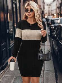 SHEIN LUNE 大码休闲日常拼色罗纹长袖连衣裙，秋季 - 黑色 - 查看 1