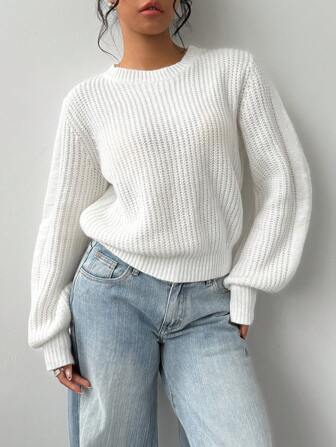 SHEIN BASICS Women's Casual Solid Color Round Neck Long Sleeve Knitted Sweater, Autumn/Winter, Chic Insulation,Tops For School