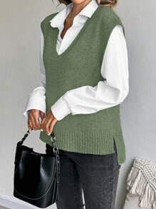 SHEIN LUNE 女士休闲宽松 V 领毛衣背心，适合秋季