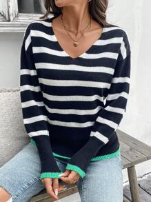 SHEIN LUNE Suéter informal de mujer de cuello en V a rayas con contraste de color