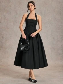 SHEIN BAE Elegant Women's Long Neck-Tie Dress, Suitable For Casual Dates And Outings, Autumn - Black - View 7