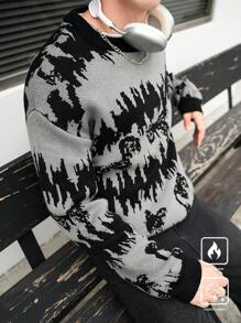 Manfinity Hypemode Men's Casual Contrast Color Pattern Drop Shoulder Pullover Sweater, Autumn/Winter