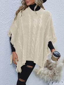 SHEIN LUNE Women Casual Street Style Solid Color Fringe Trim Batwing Cable Knit Pullover Sweater Knit Pullover Fall Winter - Apricot - View 3