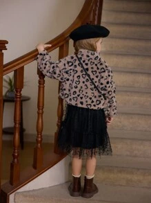 SHEIN Ensemble veste de Top à motif léopard doux et jupe en tulle noir, élégant et mode, tenue décontractée et mignonne. Confortable pour l'automne/l'hiver - Noir - Voir 2