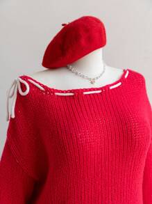 Soleia Vacation Plus Size Women's Casual PLUS White Apricot&Pink Contrast Asymmetric Shoulder Warm Soft Pullover Sweater - Red - View 6