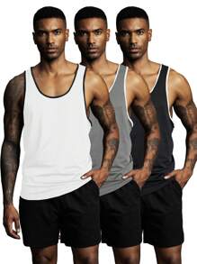 Gym Rark 3pcs Men Solid Color Round Neck Casual Sport Tank Tops Workout Tank Top Pack Basic Basketball Jersey, Gym - Multicolor - View 5