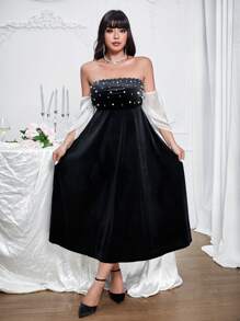 Allurite Elegantes Velvet-Kleid in color-Block-Optik mit Perlendekor in Große Größen, Vintage-Stil - Schwarz - Übersicht 4