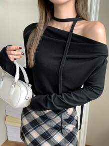 DAZY 女士斜肩系带长袖纯色简约T恤，休闲日常装，秋装，返校装