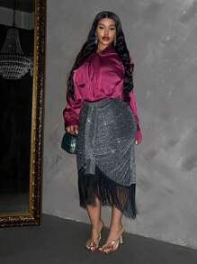 Slaydiva Dark Green,Autumn,Girlism,Rave Ladies Plus Size A-Line Skirt,Metallic Shiny Fabric Front Waist Ruched Ruffle Hem Splice Fringes Elegant Party Wear - Black - View 7
