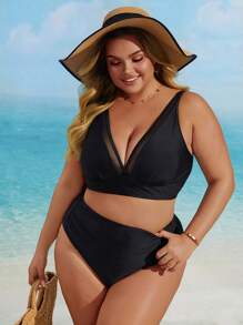 Plus Size V-Neck Solid Color Mesh Splice Tankini Bikini Set Set, Summer Beach