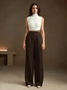 Anewsta Straight Cut Relaxed Waist Suit Pants, Urban-Chic Commute Style - Coffee Brown - View 5