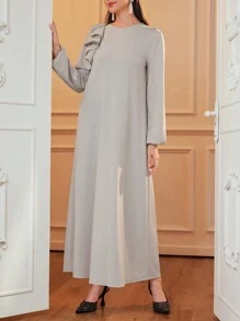 Al Najma Váy chữ A thẳng họa tiết hoa 3D rộng rãi & thon gọn thời trang thanh lịch cho quý cô, váy chữ A Ả Rập thanh lịch dài tay khiêm tốn, cho thường ngày - Xám - Xem 4
