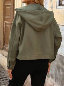 SHEIN Tall Women's Casual Front Button Hooded Washed Denim Jacket, Suitable For Autumn - Army Green - View 2