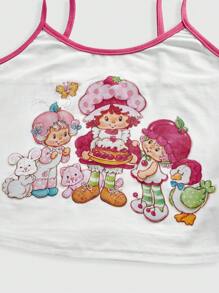 Strawberry Shortcake | ROMWE Regata Feminina Casual e Fofa, Estampa de Desenho Animado com Viés Contrastante, Adequada para o Verão