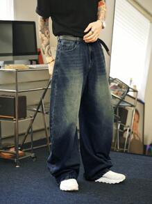 Manfinity Hypemode Y2K Retro Street Style Men Wide Leg Distressed Loose Fit Jeans, Dark Denim - Dark Wash - View 4