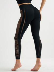 SHEIN Sports 鏤空收復運動打底褲 - 黑色 - 查看 7