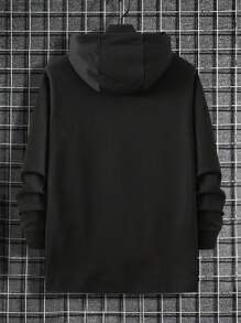 Manfinity Homme 加大码男士标语印花长袖抽绳连帽运动衫，秋季工作基本款黑色连帽衫，适合朋友、丈夫、男朋友的礼物，男士黑色连帽衫，男士套头连帽衫，男士连帽衫，黑色连帽衫，连帽衫 - 黑色 - 查看 2