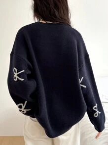 DAZY 女士休闲圆领宽松蝴蝶结针织毛衣，秋冬，秋季女装 - 藏蓝色 - 查看 3