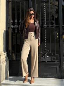 Pariaura Women Golden Button Decor Elegant Solid Color Pants Fall Cloth For Women - Khaki - View 3