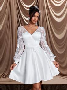 SHEIN Belle Elegant And Romantic White Mesh Embroidered V-Neck See-Through Puff Long-Sleeved A-Line Hem V-Shaped Backless Strap Suitable For Wedding Events, Dates, Bridal Shower Dress
