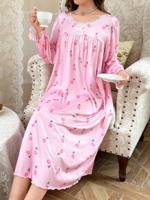 CottageSlumber 蕾丝边碎花浪漫女士睡裙，娃娃裙，适合夏季、秋季、冬季穿着。 - 粉色 - 查看 1