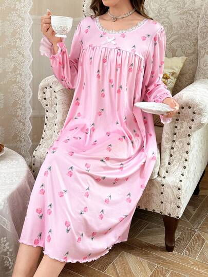 CottageSlumber CottageSlumber Lace Trim Ditsy Floral Romantic Women Nightgown, Babydoll Dress Perfect Summer, Moo Moo, Fall, Winter