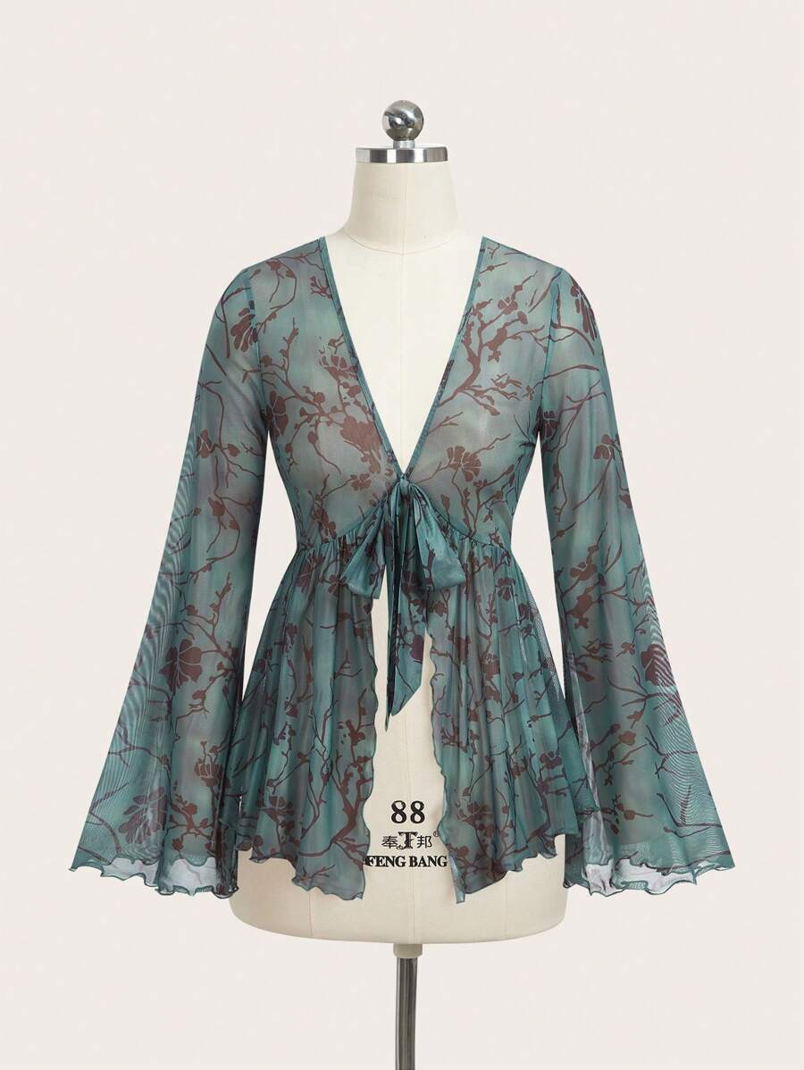 Soleia 针织网眼印花 V 领喇叭袖荷叶边下摆女式衬衫 - 綠色 - 查看 1