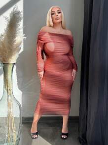 SHEIN SXY 大码女式渐变网眼高领露肩长袖连衣裙 - 彩色 - 查看 4