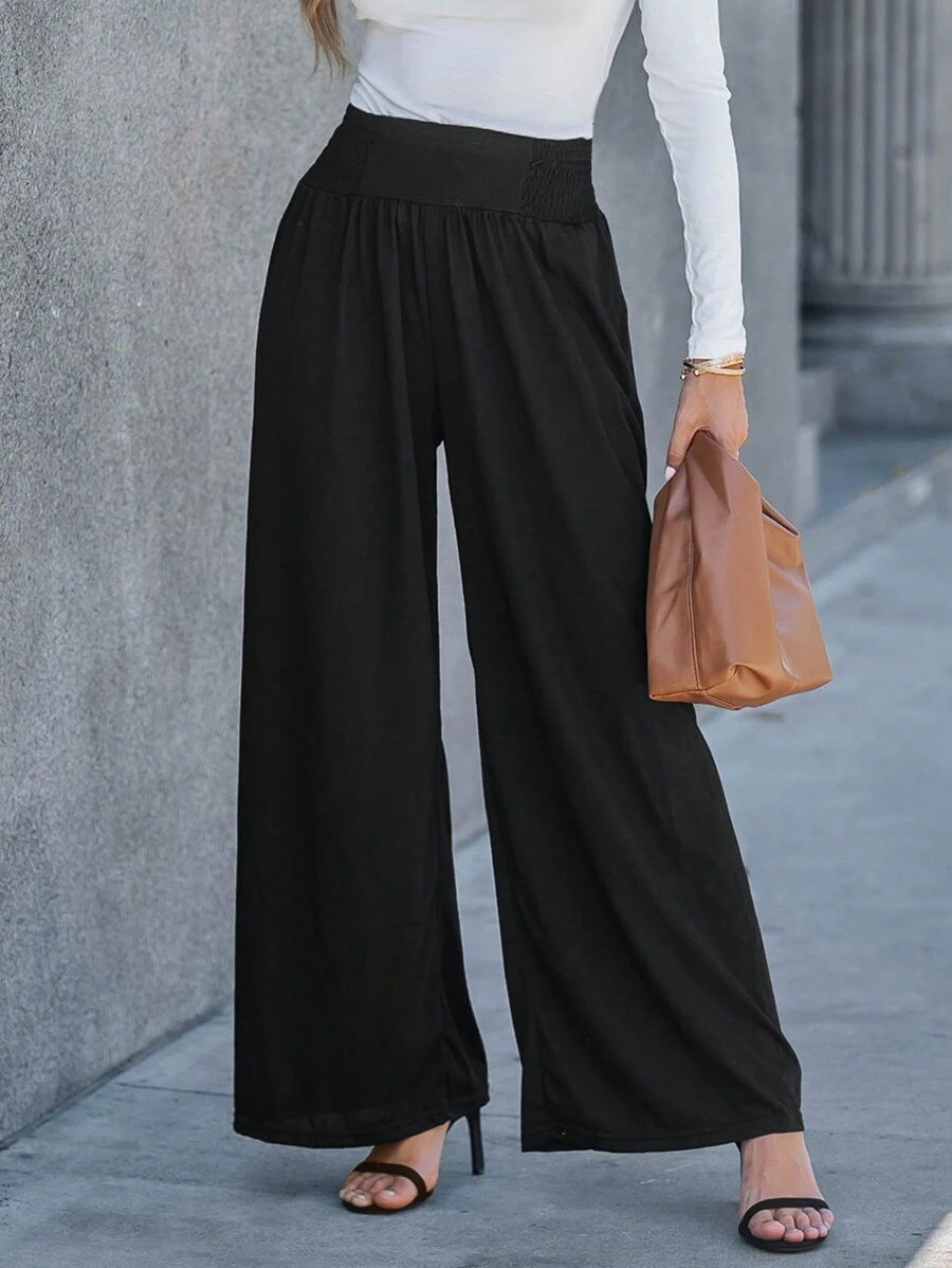 SHEIN LUNE Women's Casual Versatile Black Wide Leg Pants For Spring - Black - View 1