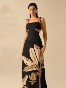 CAJUNI Vestido Boho Feminino Estampa de Árvore de Banana, Vestido Preto Casual de Verão com Amarração Oca na Cintura Sem Mangas, Vestido Casual de Férias