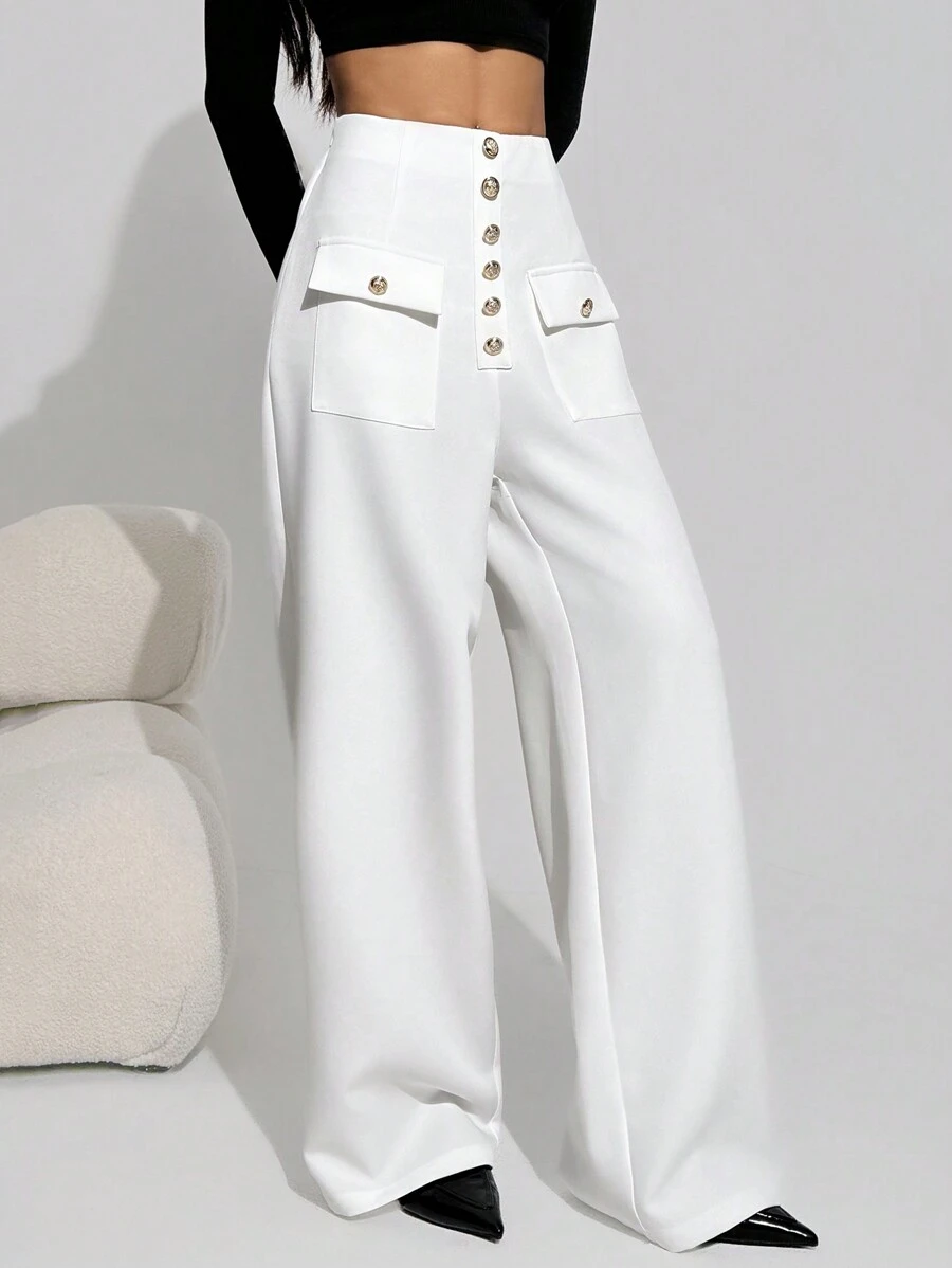 Chiquease Women Plain Button Front Pockets Casual Pants - White - View 1