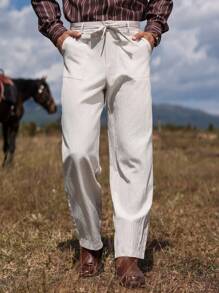 Manfinity RSRT Pantalones casuales de corte recto y ajuste holgado de un solo color con bolsillos, pantalones bohemios largos para el bosque, para regalos de esposo o novio