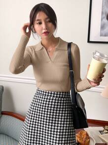 DAZY 1pc Business Casual Plain Collar Ribbed Long Sleeve Sweater Pullover,Fall Clothes - Apricot - View 5