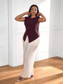 Zolique Women 2pcs Set Fashion Short Sleeve Slit Hem Elegant Bodycon Top + Casual Loose High Waist Wide Leg Pants Suit, Autumn