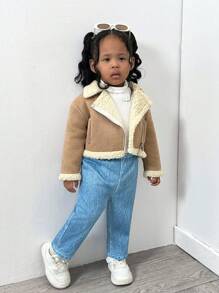 SHEIN 3pcs Baby Girl Set: Khaki Thermal Lined Collared Jacket, Knit Sweater, And Long Pants, Cute & Versatile, Autumn/Winter - Multicolor - View 7