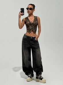 Flirla 女式树叶豹纹薄西装外套，秋季，街头风格