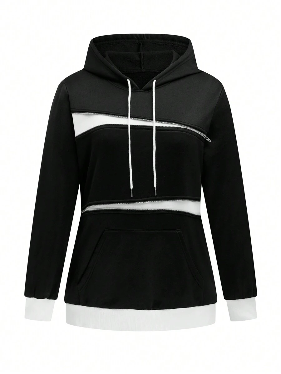 SHEIN LUNE Plus Size Women Hooded Zipper Front Long Sleeve Drawstring Casual Sweatshirt, Autumn Pullover Fall - Black and White - View 1