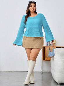 SHEIN EZwear 1pc Women Plus Size Casual Cutout Bell Sleeve Round Neck T-Shirt, All-Match Style Suitable For Summer, Back To School, Casual Dates, Tea Party, Beach, Versatile Blue Top - Blue - View 3