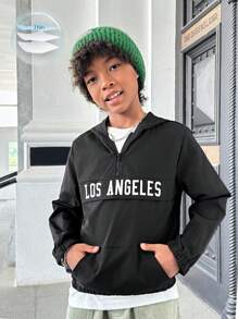 SHEIN Tween Boy Letter Graphic Half Zip Hooded Jacket,In Fall/Winter - Black - View 1