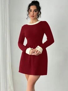 Chiquease 1 件女式优雅撞色边饰珍珠装饰腰部针织毛衣连衣裙
