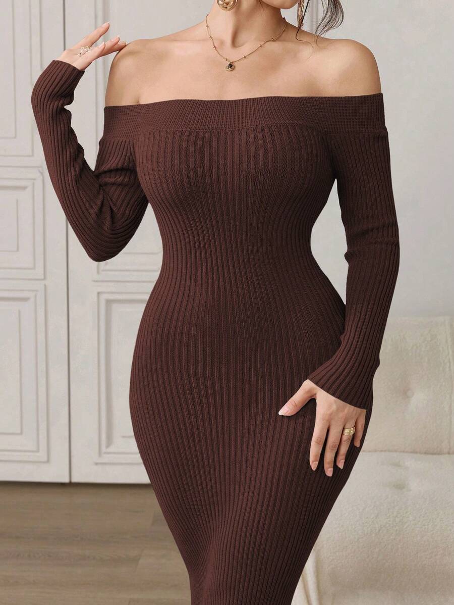 Modelyn 1pc Women Solid Color Off-Shoulder Fitted Elegant Long Sleeve Knit Dress - Coffee Brown - View 1