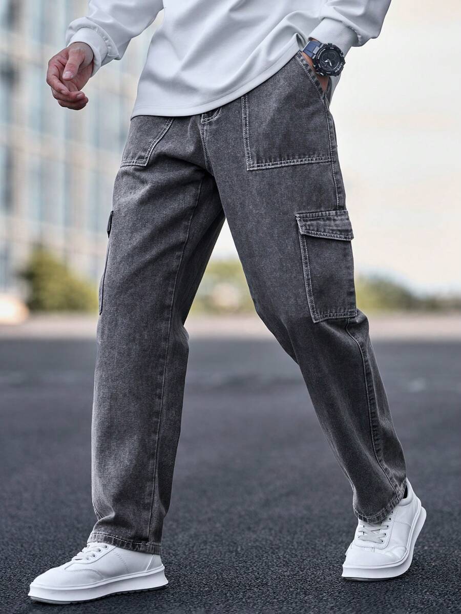 Manfinity Homme 休闲男式工装口袋直筒宽松牛仔裤 - 灰色 - 查看 1