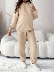 SHEIN 2pcs/Set Maternity Casual Solid Color Drawstring Hoodie Sweatshirt And Adjustable Waist Sweatpants, Autumn - Khaki - View 5