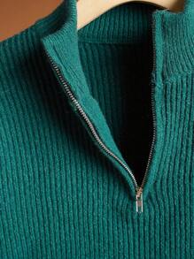 SHEIN 1 pieza Jersey de cuello alto con media abertura, cálido y casual, en color verde oscuro con rayas de malla, ropa de vuelta al colegio para adolescentes varones; atuendos de otoño; ropa para adolescentes varones; chaquetas de adolescentes varones para otoño/invierno