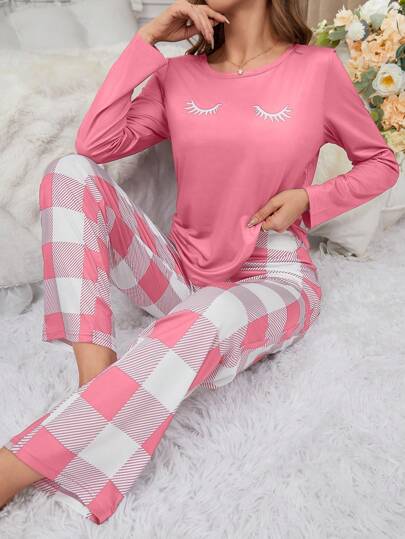 Women Eyelash Print Round Neck Long Sleeve Top And Plaid Pants Pajama Set