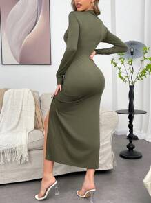 女士立领开衩褶皱设计休闲居家连衣裙 - 鏽棕色 - 查看 2