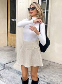 SHEIN Frenchy 女士休闲纯色纽扣细节喇叭裙，夏季，粗花呢纽扣A字裙摆裙，休闲日常穿着，2024秋冬款，通勤，简约，办公室，复古，简单，休闲日常穿着，圣诞节，感恩节，新年，除夕，优雅女士秋季装 - 杏色 - 查看 3