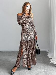 SHEIN Unity فستان للنساء طويل الأكمام بتصميم مربوط البرقبة، بنمط جلد النمر متقطع، قماش شبكي ومكسرات، قُصّ جانبي - بني - مشاهدة 5