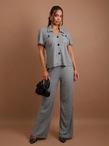 COSMINA Women 2pcs/Set Casual Solid Color Short Sleeve Top And Pants Set, Autumn - Grey - View 3